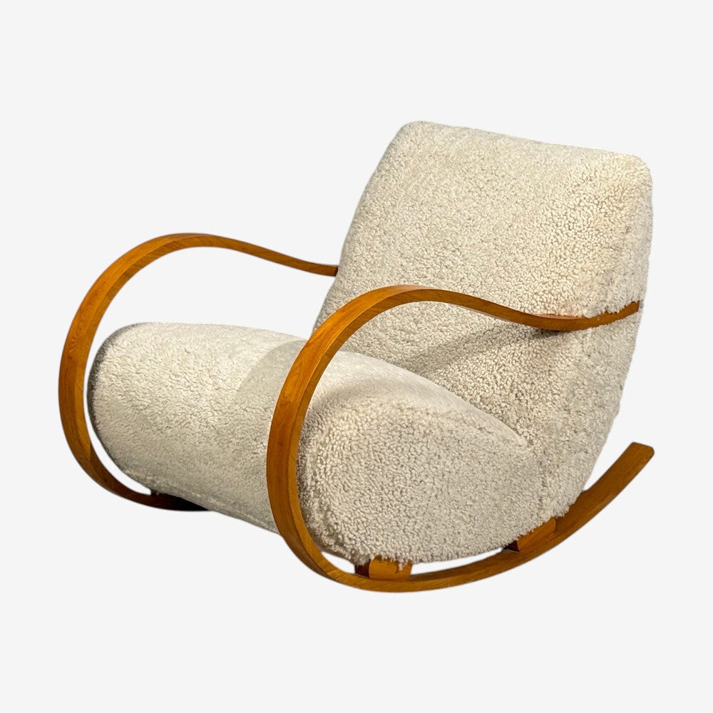Swedish Modern, Rocking Chair, Elmwood, Beige Shearling, Sweden, 1940s