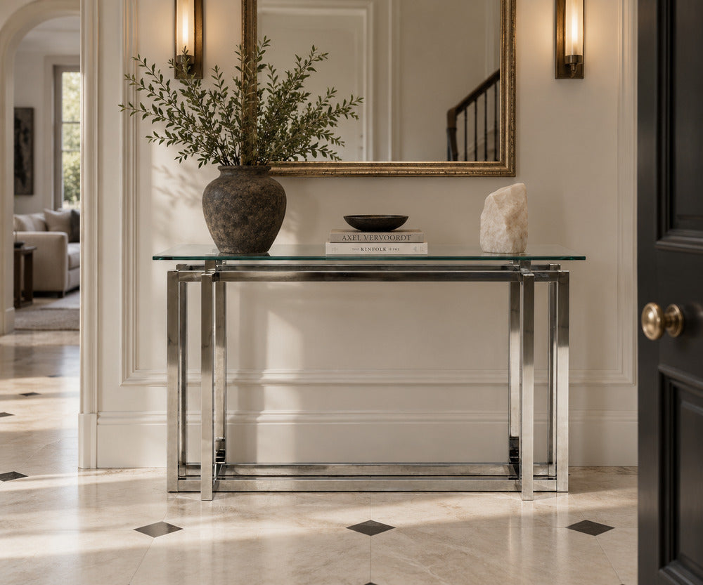 Constructivist Style, Console Table, Chromed Steel, Beveled Glass, USA, 1980s