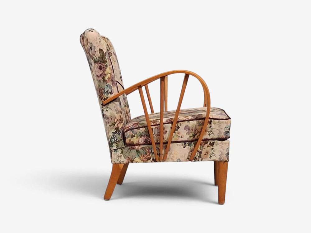 Swedish Modern, Lounge Chairs, Elm, Floral Fabric, Sweden, 1940s