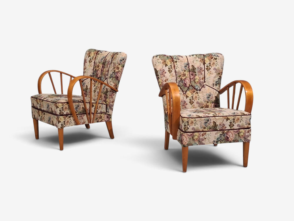 Swedish Modern, Lounge Chairs, Elm, Floral Fabric, Sweden, 1940s