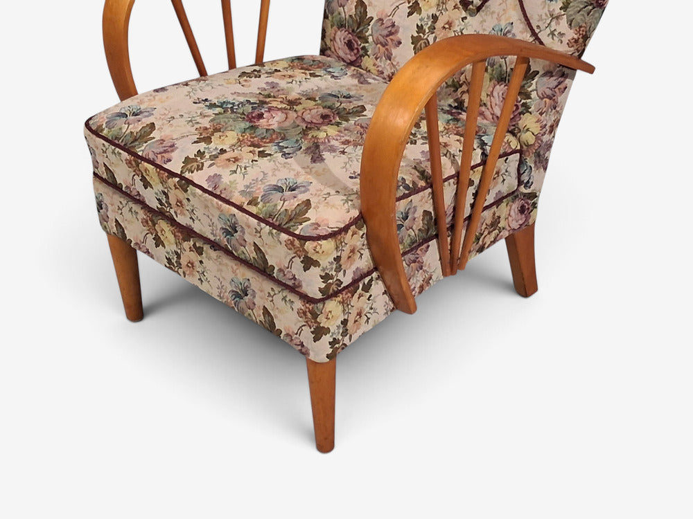 Swedish Modern, Lounge Chairs, Elm, Floral Fabric, Sweden, 1940s