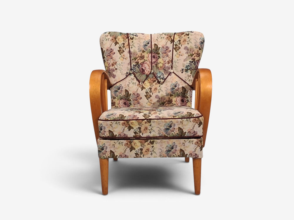 Swedish Modern, Lounge Chairs, Elm, Floral Fabric, Sweden, 1940s