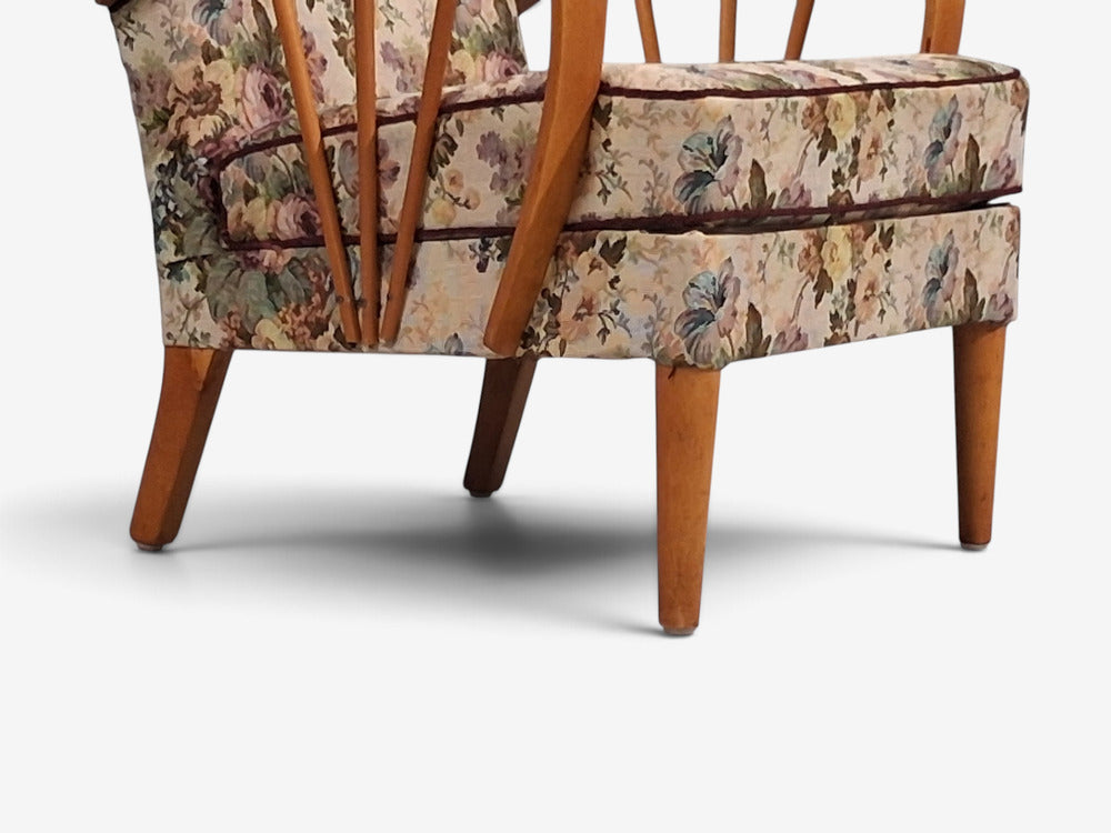 Swedish Modern, Lounge Chairs, Elm, Floral Fabric, Sweden, 1940s