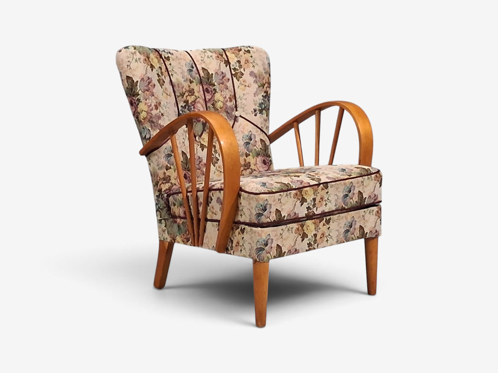Swedish Modern, Lounge Chairs, Elm, Floral Fabric, Sweden, 1940s