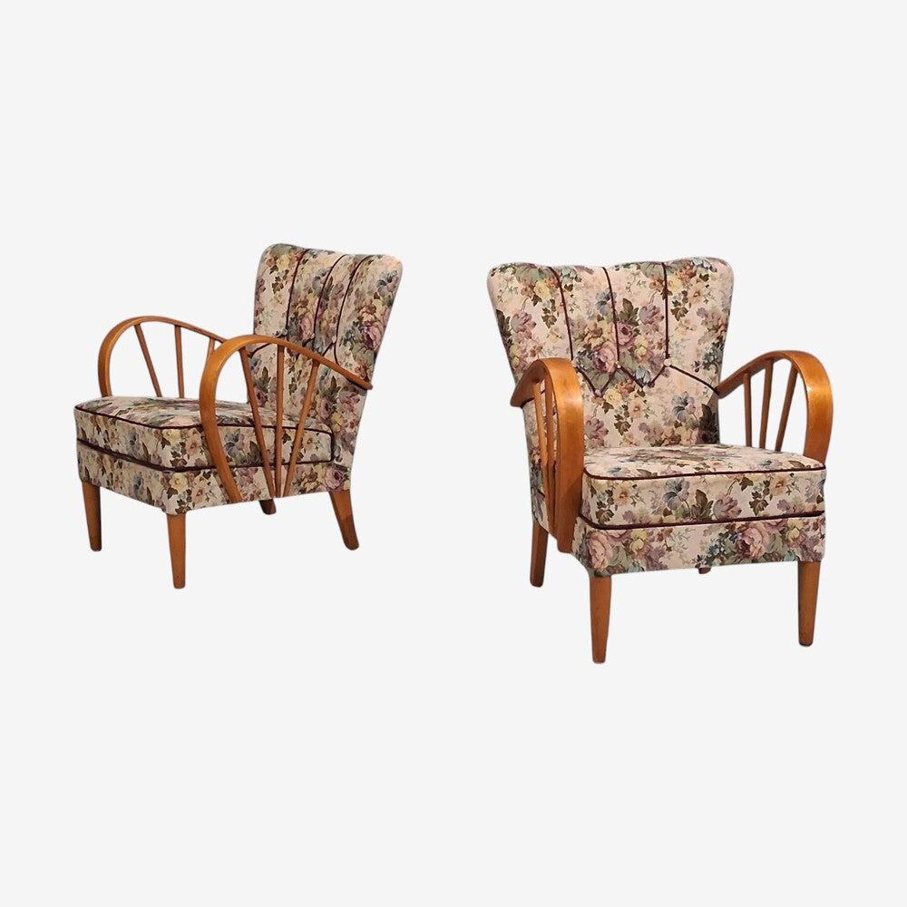Swedish Modern, Lounge Chairs, Elm, Floral Fabric, Sweden, 1940s