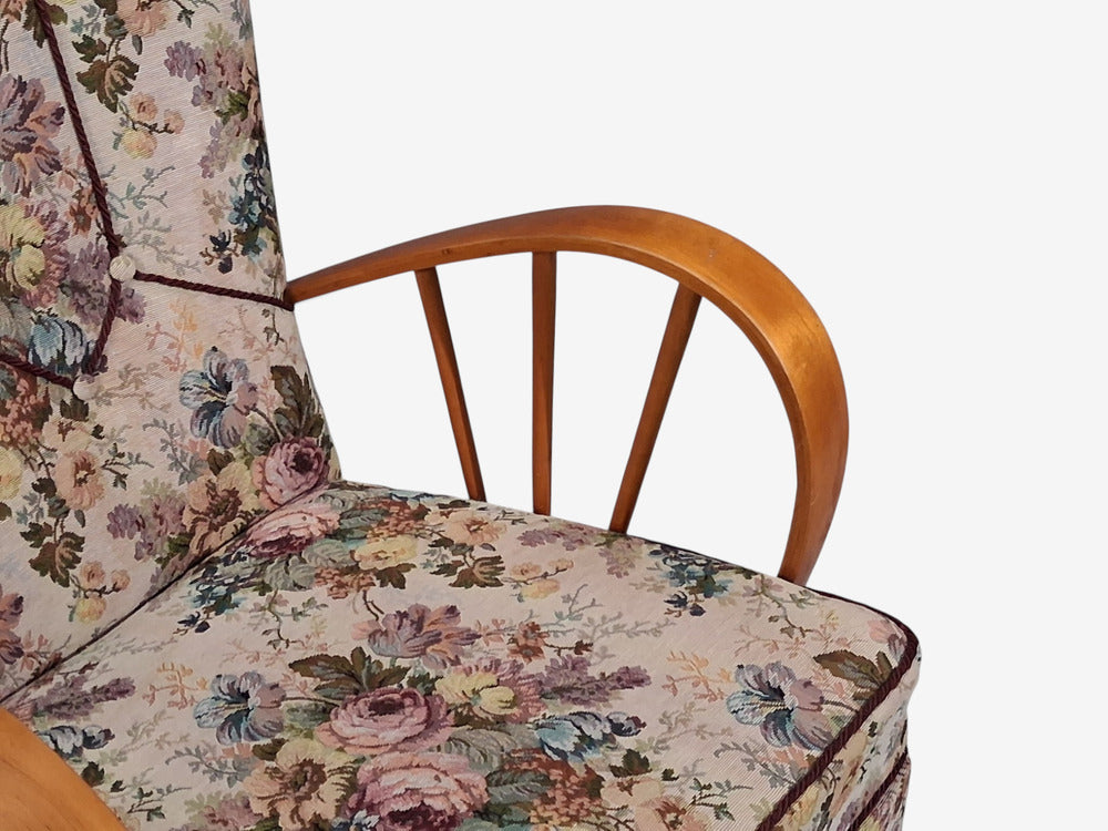 Swedish Modern, Lounge Chairs, Elm, Floral Fabric, Sweden, 1940s