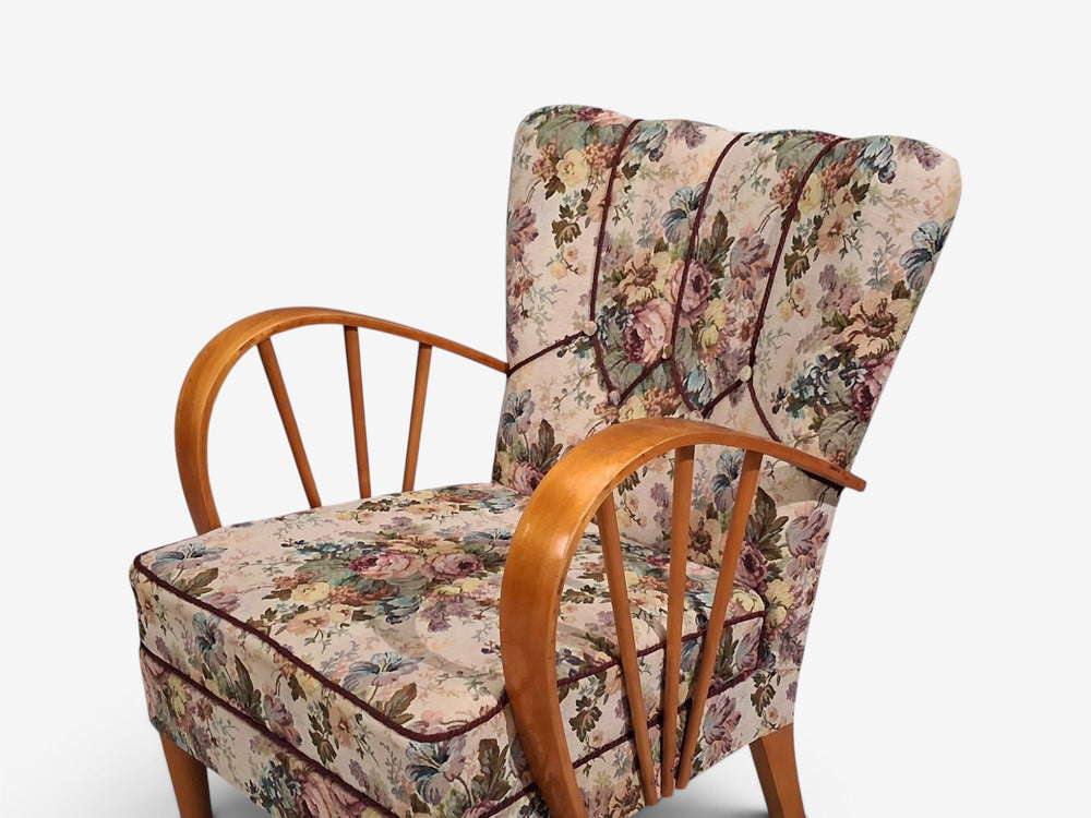Swedish Modern, Lounge Chairs, Elm, Floral Fabric, Sweden, 1940s