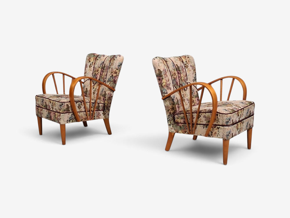 Swedish Modern, Lounge Chairs, Elm, Floral Fabric, Sweden, 1940s