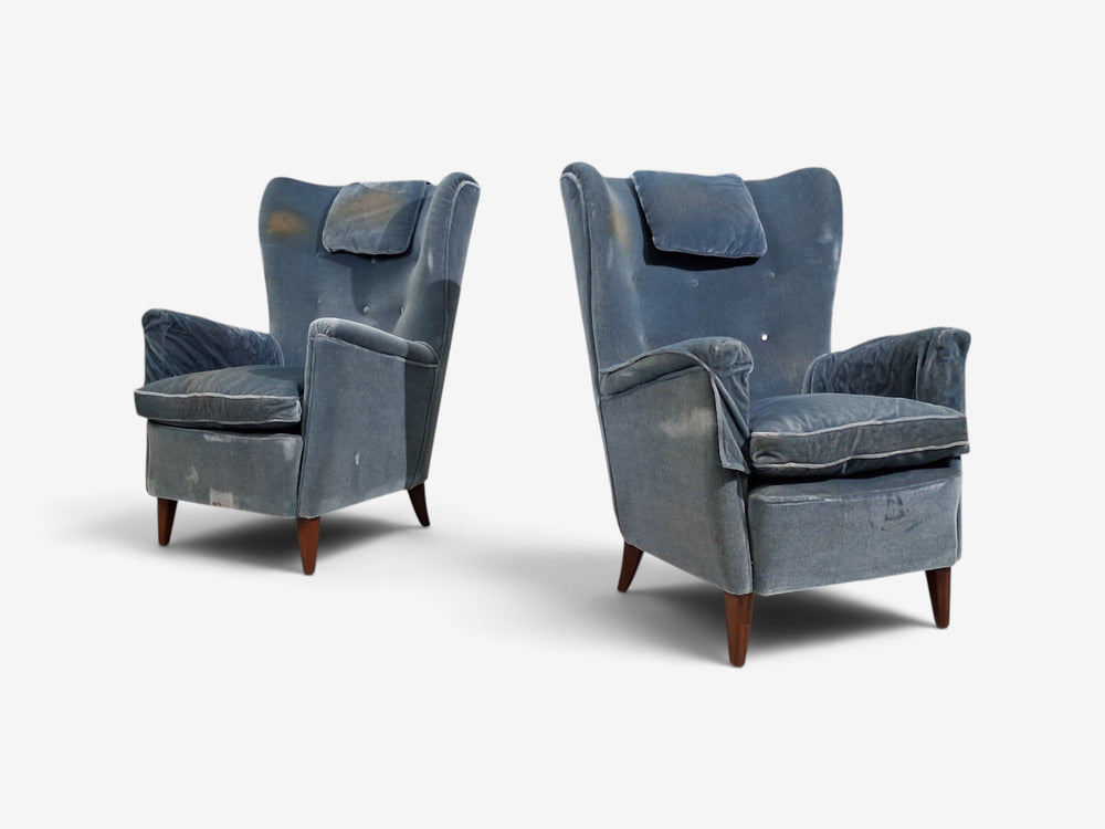 Danish Cabinetmaker, Lounge Chairs, Blue Velvet, Stained Wood, Denmark, 1950s