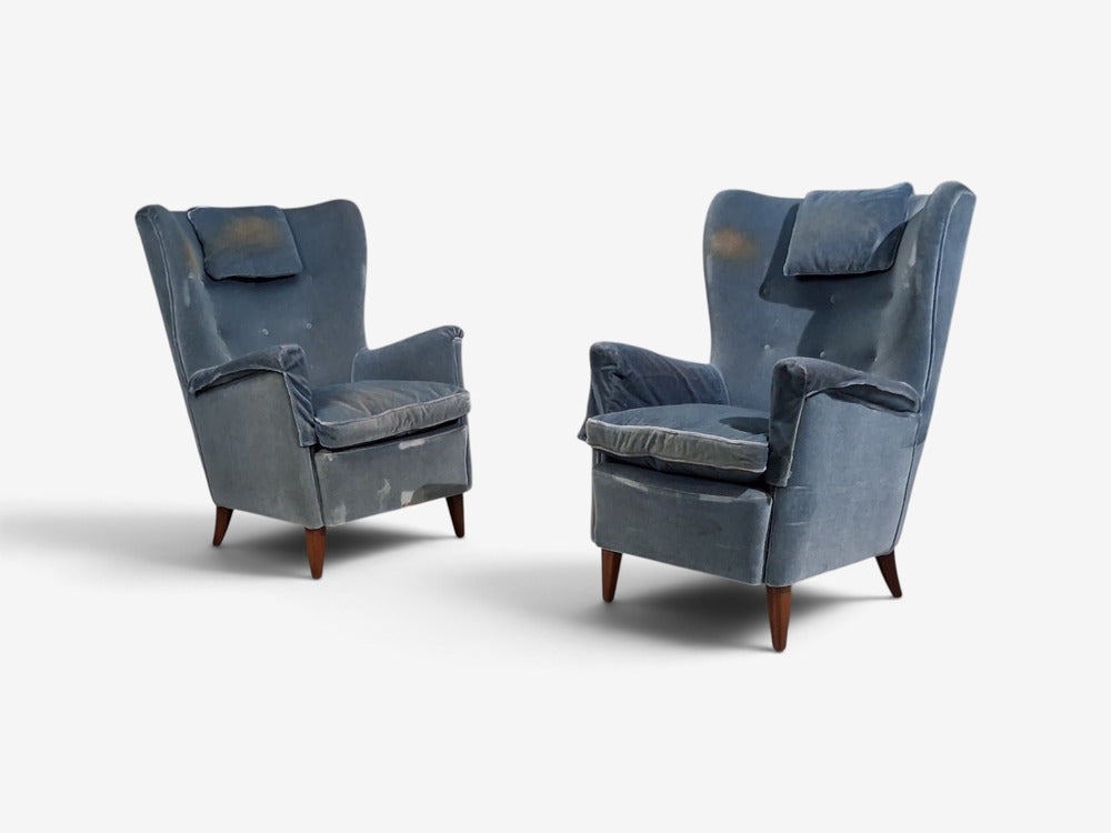 Danish Cabinetmaker, Lounge Chairs, Blue Velvet, Stained Wood, Denmark, 1950s