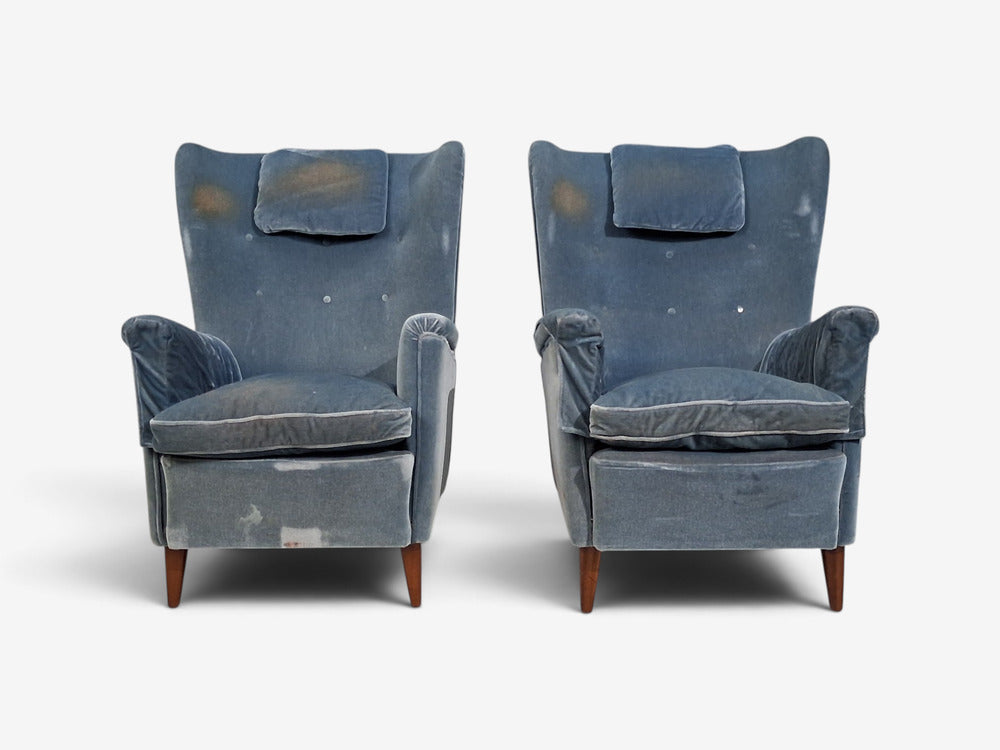 Danish Cabinetmaker, Lounge Chairs, Blue Velvet, Stained Wood, Denmark, 1950s