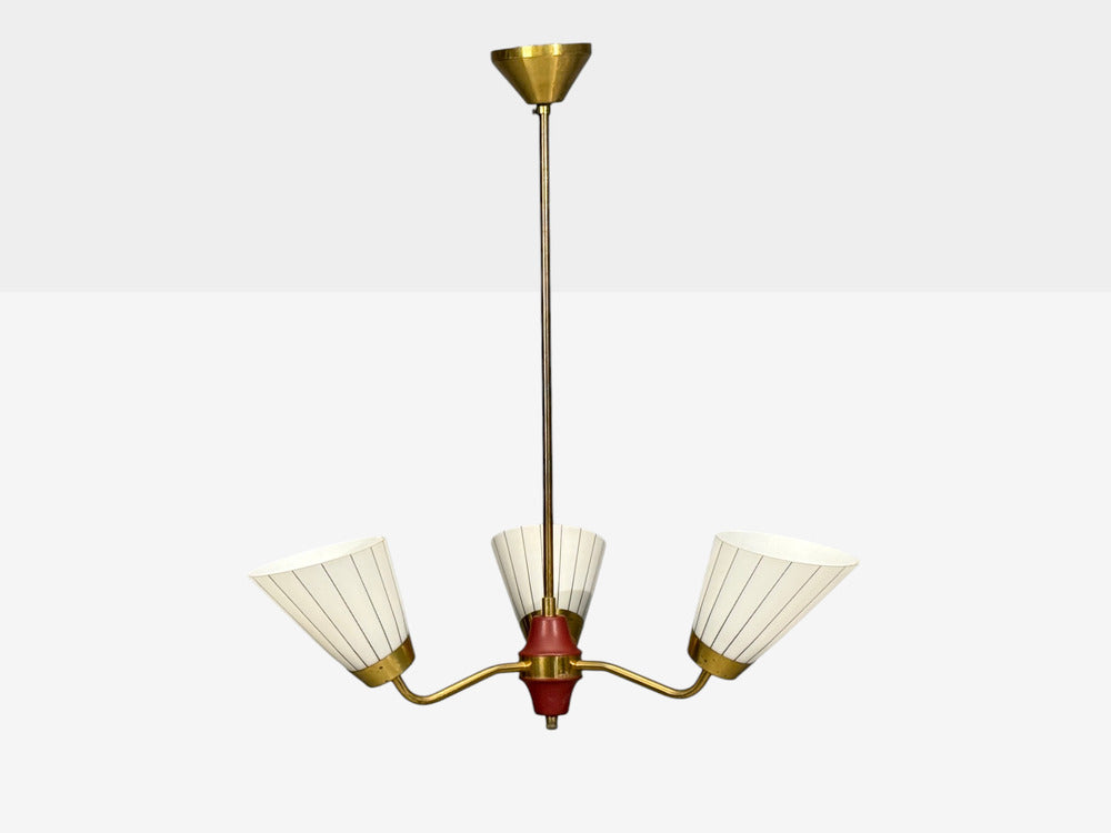 Swedish Modern, Three-Light Pendant Light, Brass, Wood, Glass, Sweden, 1950s
