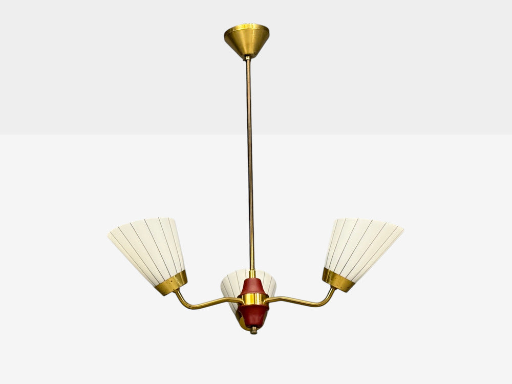 Swedish Modern, Three-Light Pendant Light, Brass, Wood, Glass, Sweden, 1950s