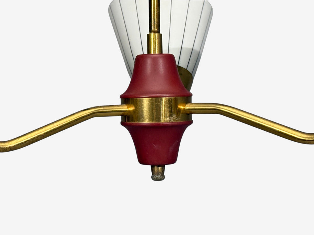 Swedish Modern, Three-Light Pendant Light, Brass, Wood, Glass, Sweden, 1950s
