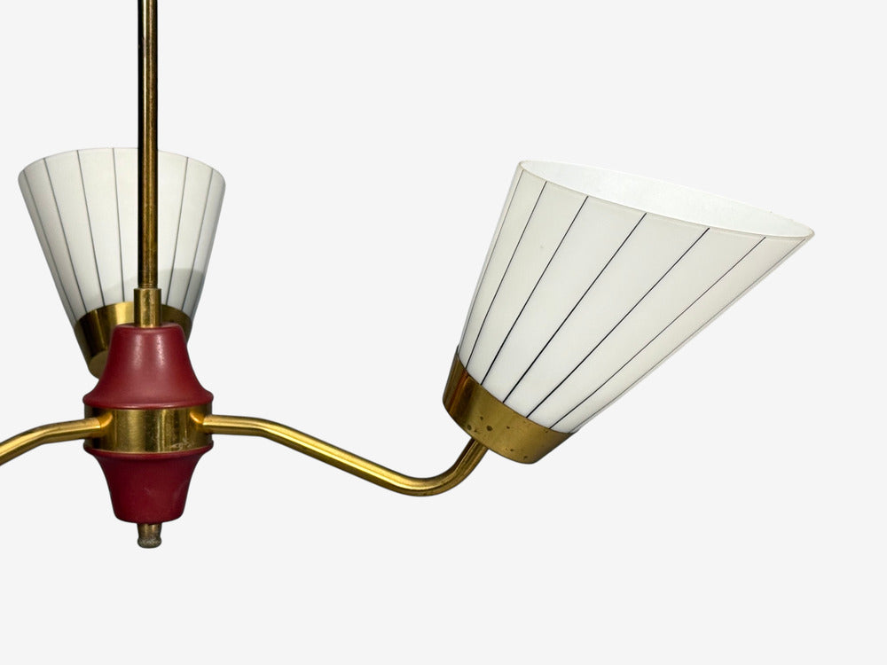 Swedish Modern, Three-Light Pendant Light, Brass, Wood, Glass, Sweden, 1950s