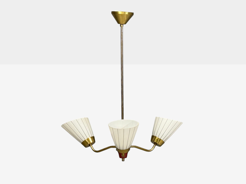 Swedish Modern, Three-Light Pendant Light, Brass, Wood, Glass, Sweden, 1950s