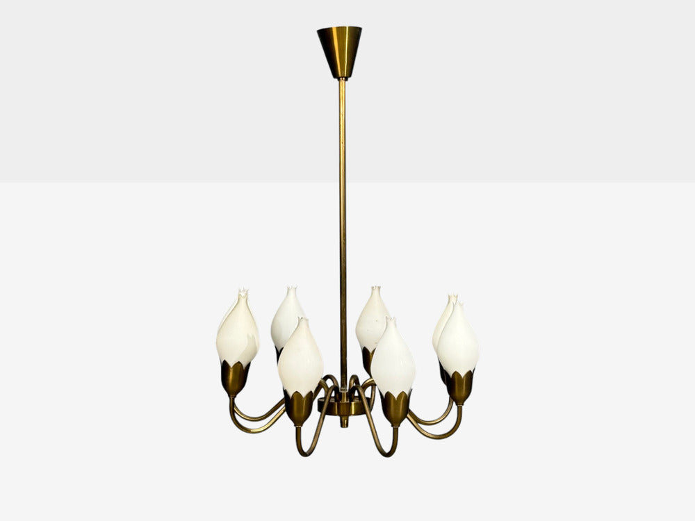 Fog & Mørup, Tulip Chandelier, Opal Glass, Brass, Denmark, 1950s