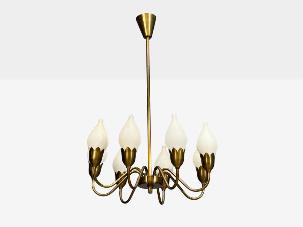 Fog & Mørup, Tulip Chandelier, Opal Glass, Brass, Denmark, 1950s