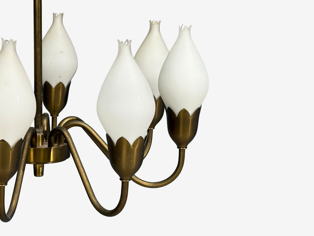 Fog & Mørup, Tulip Chandelier, Opal Glass, Brass, Denmark, 1950s