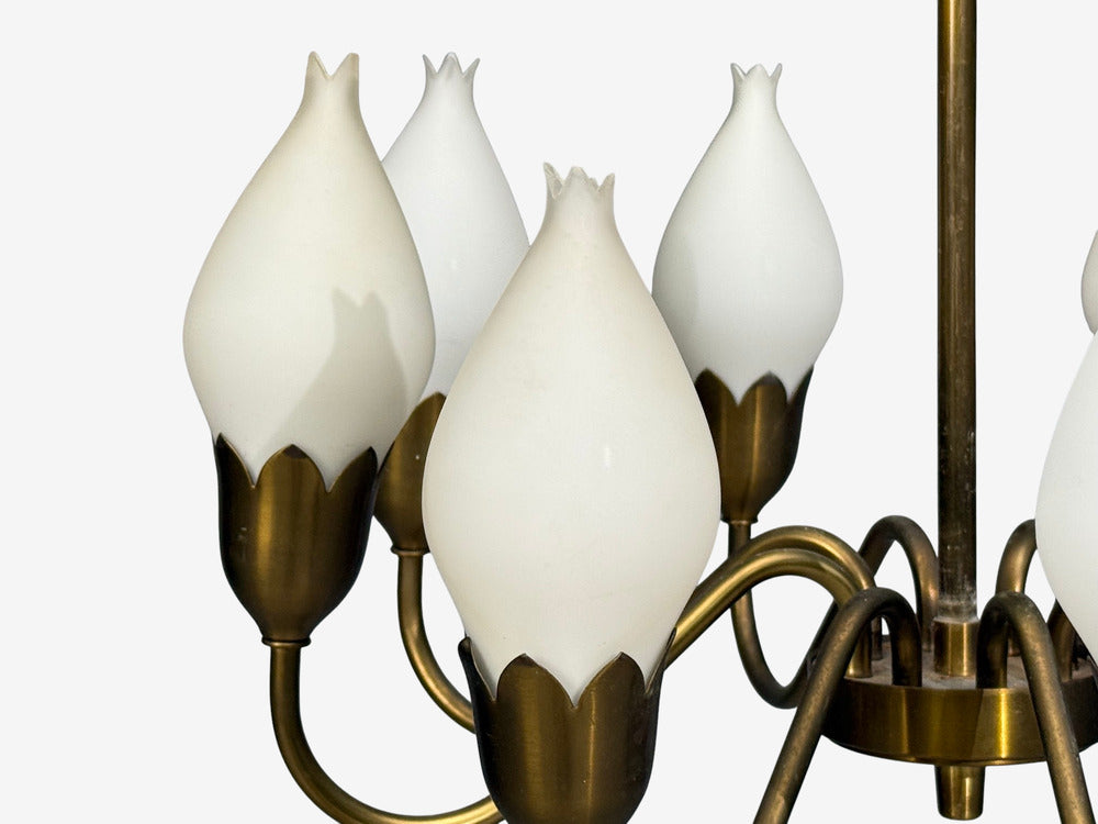Fog & Mørup, Tulip Chandelier, Opal Glass, Brass, Denmark, 1950s