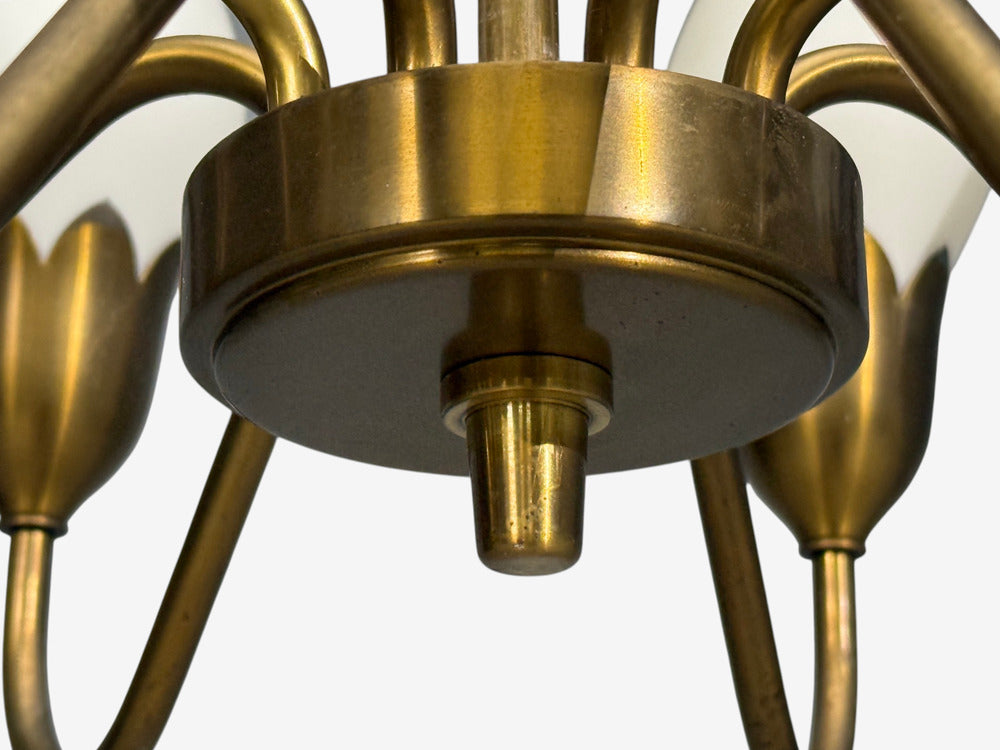 Fog & Mørup, Tulip Chandelier, Opal Glass, Brass, Denmark, 1950s