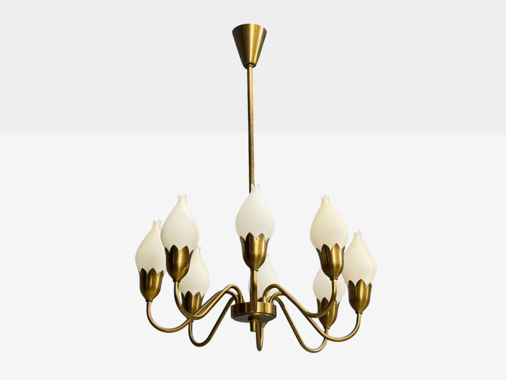 Fog & Mørup, Tulip Chandelier, Opal Glass, Brass, Denmark, 1950s