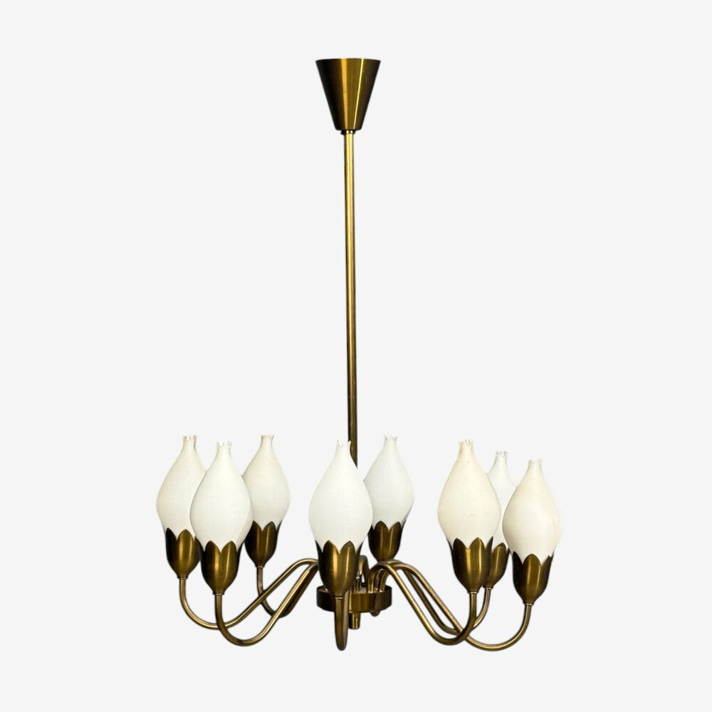 Fog & Mørup, Tulip Chandelier, Opal Glass, Brass, Denmark, 1950s