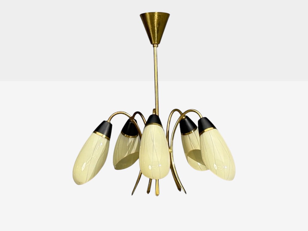German Modern, Five-Light Chandelier, Brass, Metal, Glass, Germany, 1950s
