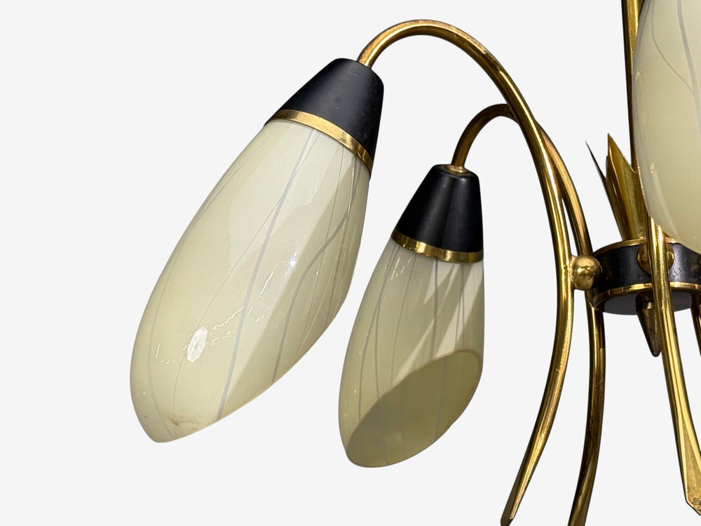 German Modern, Five-Light Chandelier, Brass, Metal, Glass, Germany, 1950s