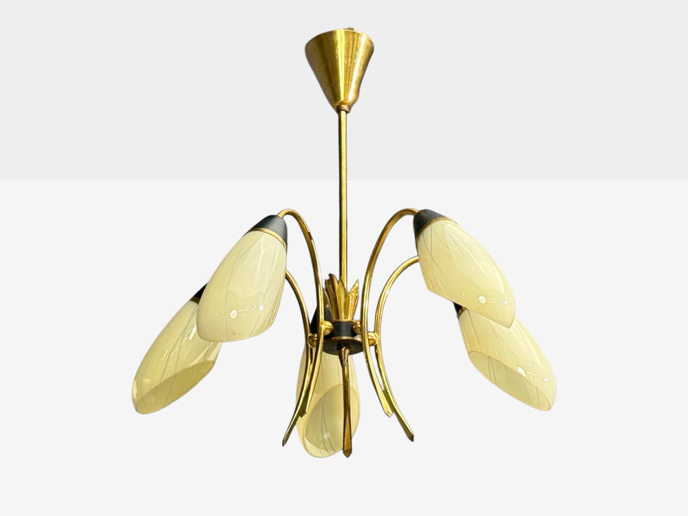 German Modern, Five-Light Chandelier, Brass, Metal, Glass, Germany, 1950s