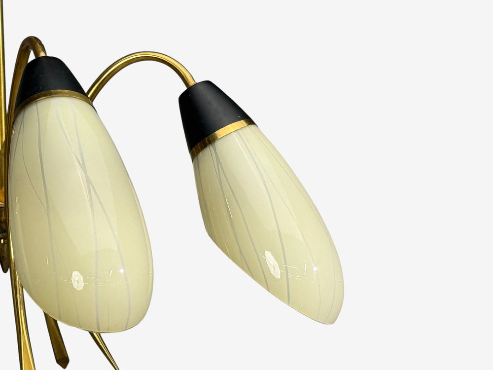German Modern, Five-Light Chandelier, Brass, Metal, Glass, Germany, 1950s