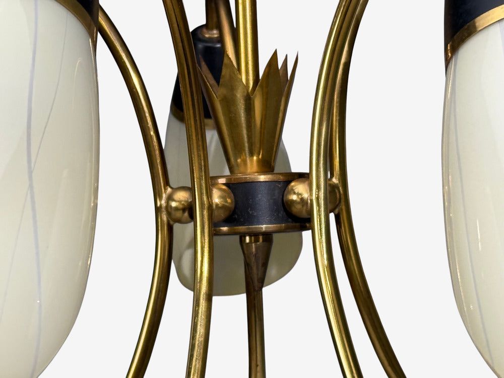 German Modern, Five-Light Chandelier, Brass, Metal, Glass, Germany, 1950s