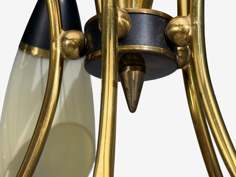 German Modern, Five-Light Chandelier, Brass, Metal, Glass, Germany, 1950s