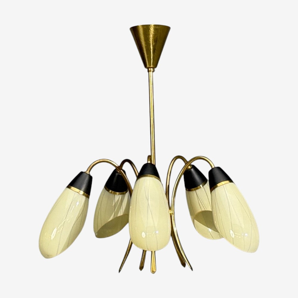 German Modern, Five-Light Chandelier, Brass, Metal, Glass, Germany, 1950s