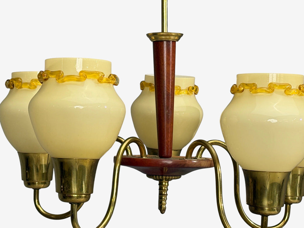 Swedish Modern, Chandelier, Brass, Wood, Yellow Glass, Sweden, 1950s