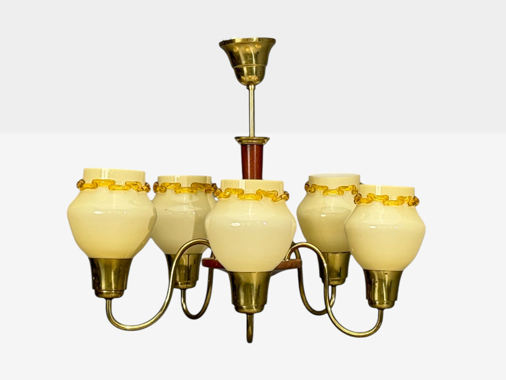 Swedish Modern, Chandelier, Brass, Wood, Yellow Glass, Sweden, 1950s