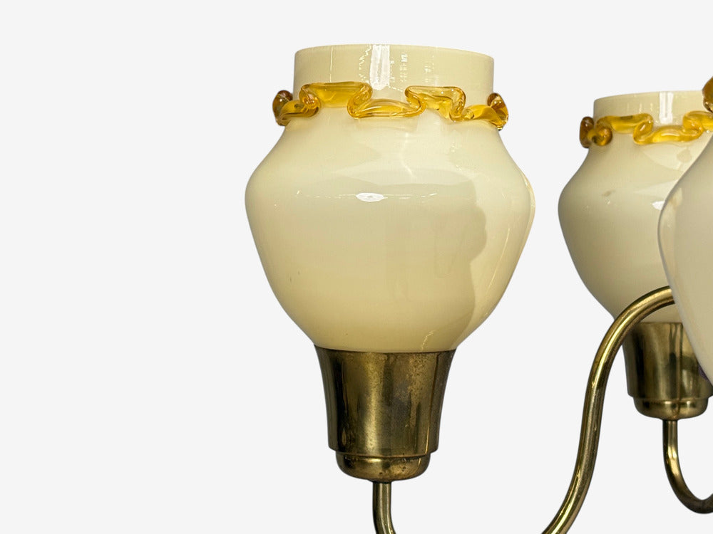 Swedish Modern, Chandelier, Brass, Wood, Yellow Glass, Sweden, 1950s
