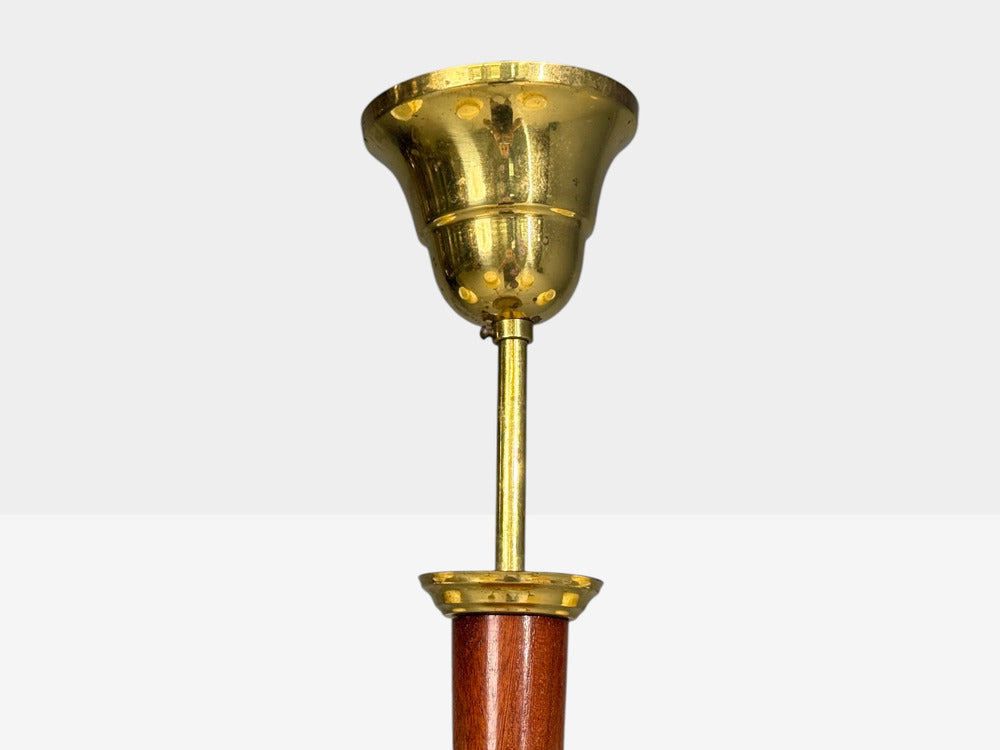 Swedish Modern, Chandelier, Brass, Wood, Yellow Glass, Sweden, 1950s