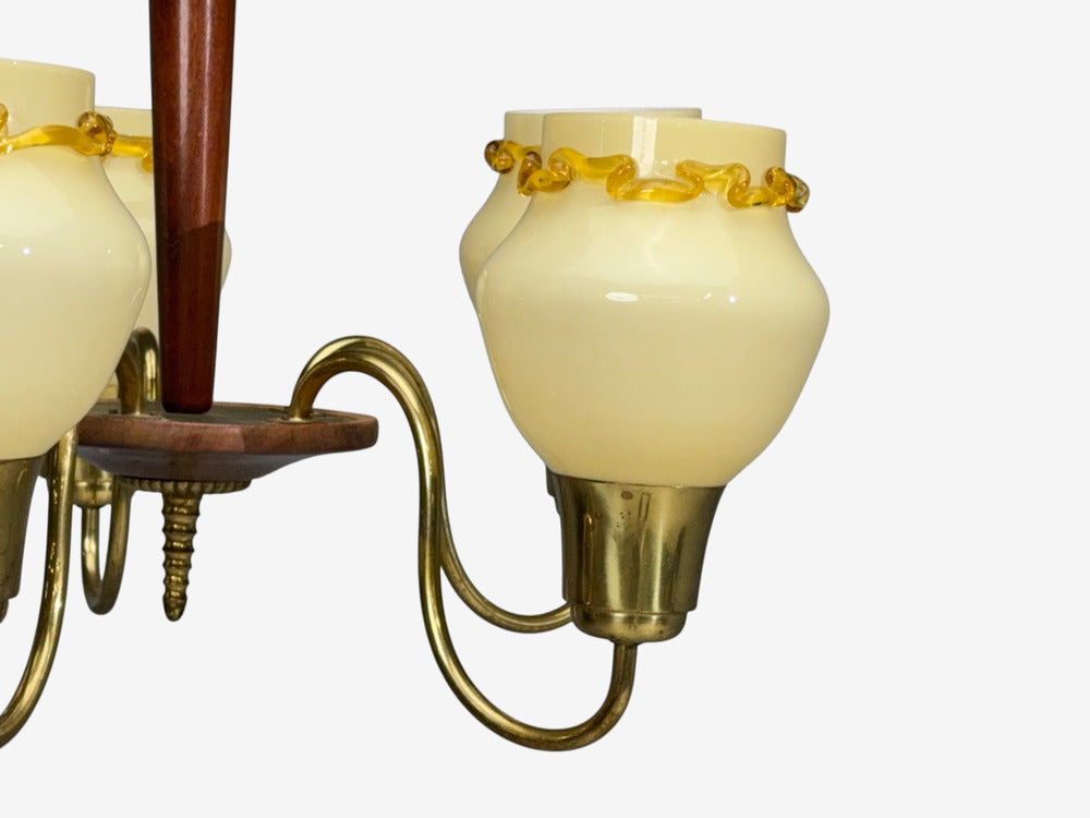 Swedish Modern, Chandelier, Brass, Wood, Yellow Glass, Sweden, 1950s