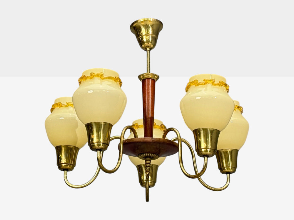 Swedish Modern, Chandelier, Brass, Wood, Yellow Glass, Sweden, 1950s