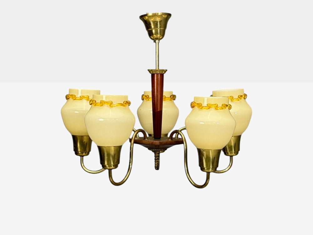 Swedish Modern, Chandelier, Brass, Wood, Yellow Glass, Sweden, 1950s