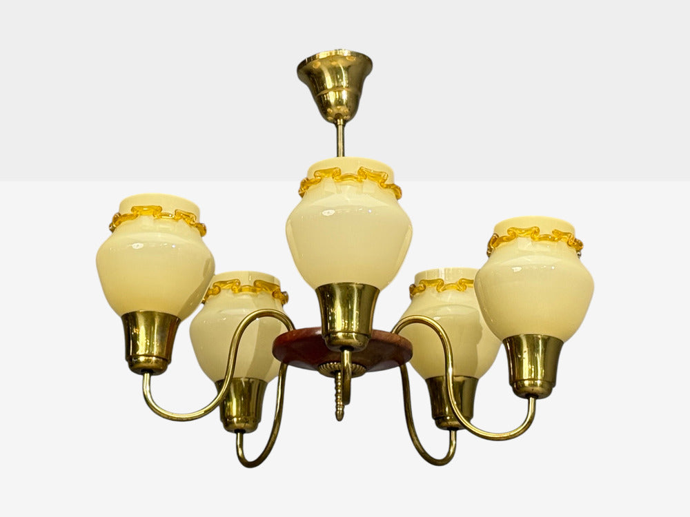 Swedish Modern, Chandelier, Brass, Wood, Yellow Glass, Sweden, 1950s