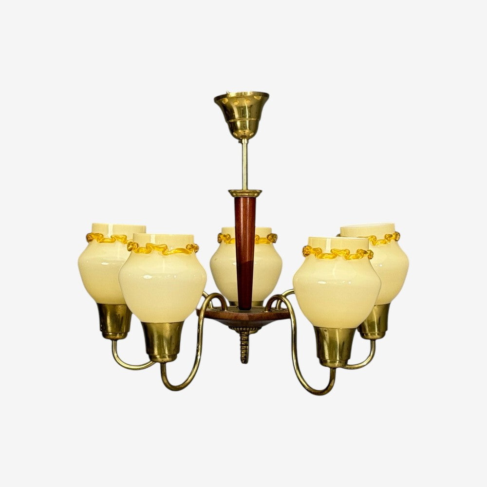 Swedish Modern, Chandelier, Brass, Wood, Yellow Glass, Sweden, 1950s