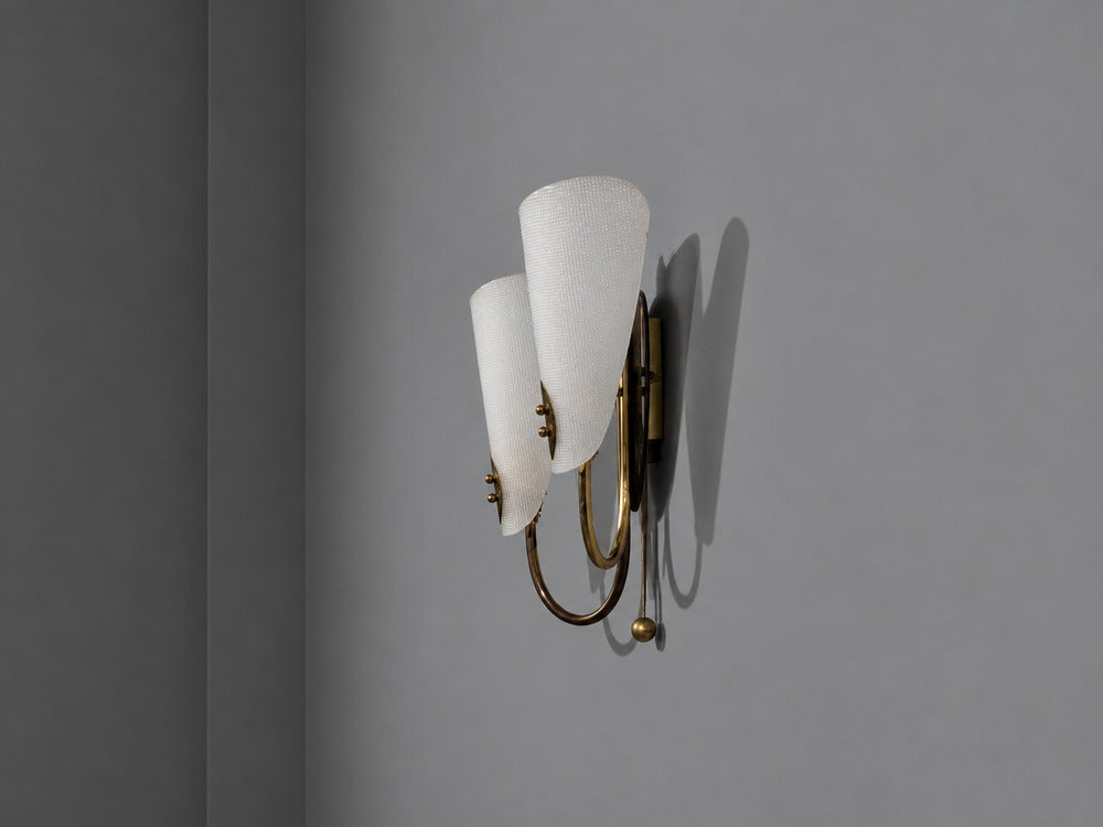 Swedish Modern, Double Wall Sconce, Brass, Textured Glass, Sweden, 1950s