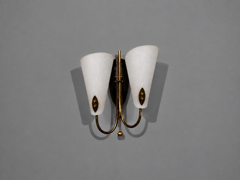 Swedish Modern, Double Wall Sconce, Brass, Textured Glass, Sweden, 1950s