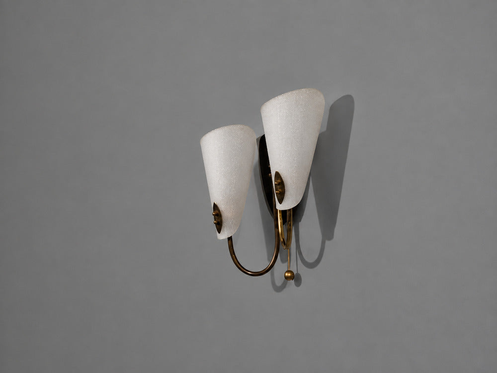 Swedish Modern, Double Wall Sconce, Brass, Textured Glass, Sweden, 1950s