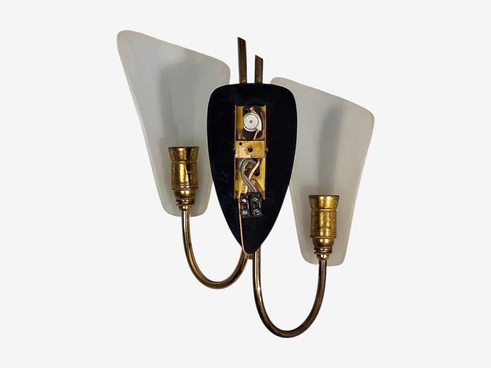 Swedish Modern, Double Wall Sconce, Brass, Textured Glass, Sweden, 1950s