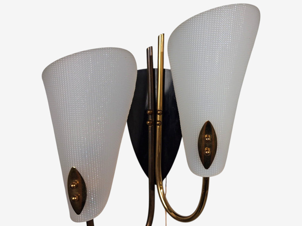 Swedish Modern, Double Wall Sconce, Brass, Textured Glass, Sweden, 1950s