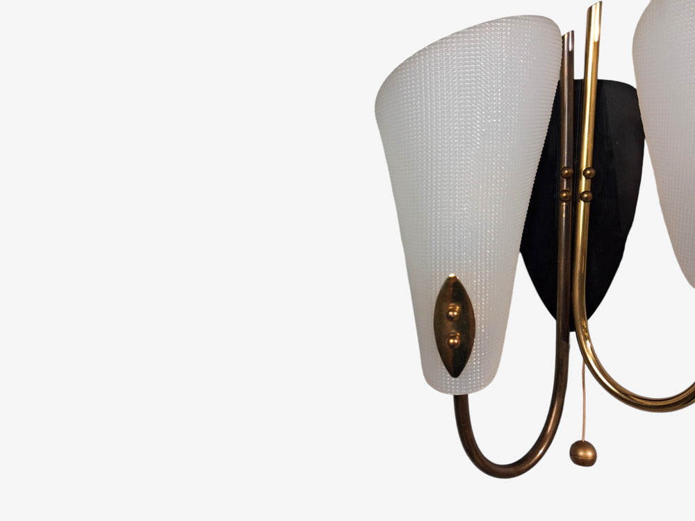 Swedish Modern, Double Wall Sconce, Brass, Textured Glass, Sweden, 1950s