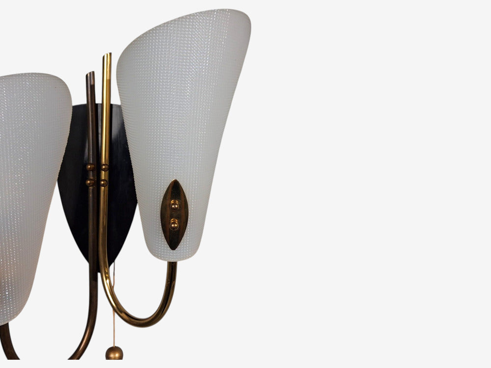Swedish Modern, Double Wall Sconce, Brass, Textured Glass, Sweden, 1950s